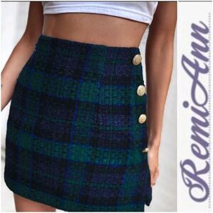 Plaid Button Mini Straight Skirt
